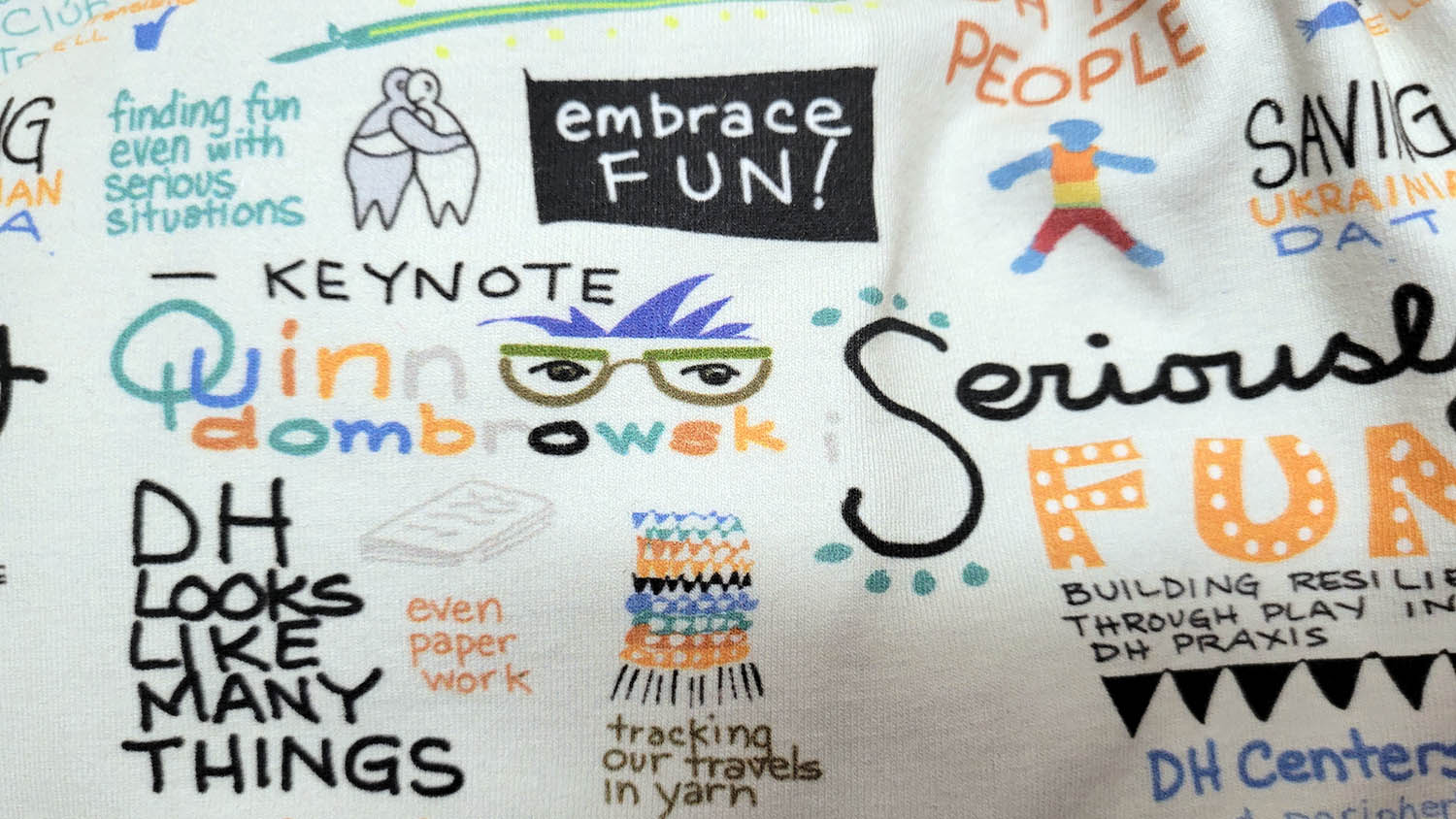 Doodle image of Quinn's talk, on fabric