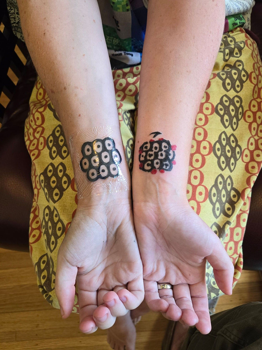 Quinn's wrists with the original multi-ocular O manuscript character and the Unicode character